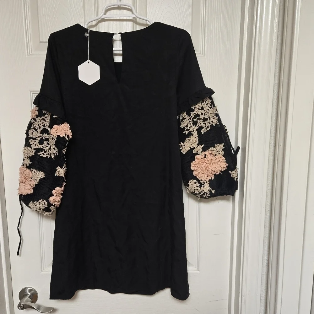 Paper Crane Black Floral Mesh Sleeve Tunic Dress S - Picture 3 of 10